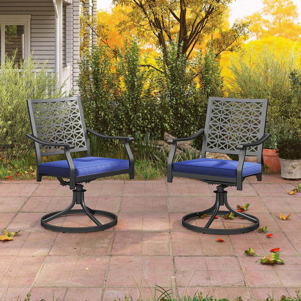 Lot de 2 chaises d'extérieur pivotantes avec coussins moelleux et base ronde en acier – Bleu marine