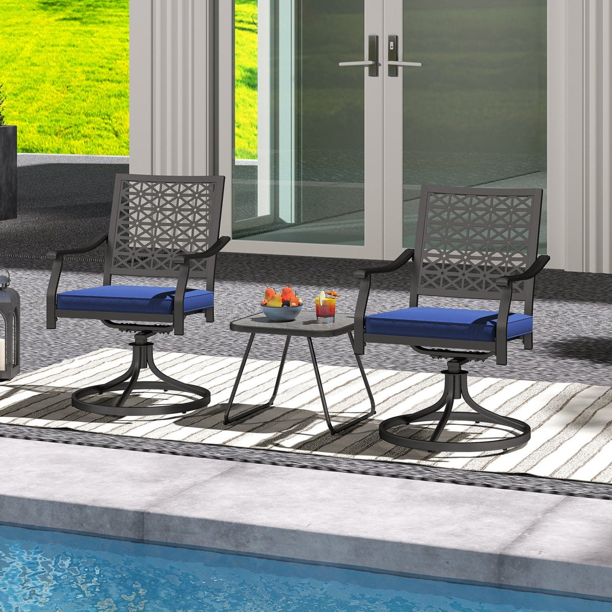Lot de 2 chaises d'extérieur pivotantes avec coussins moelleux et base ronde en acier – Bleu marine