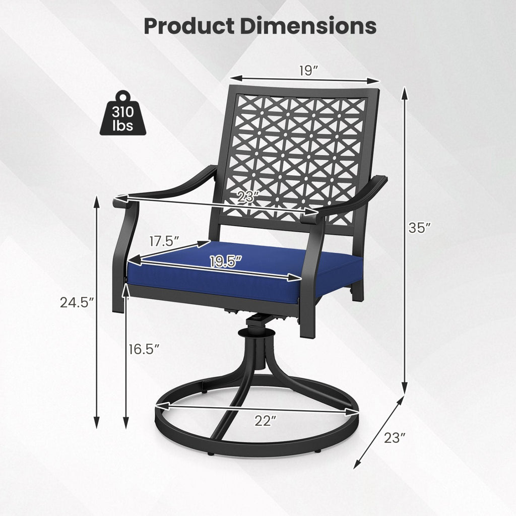 Lot de 2 chaises d'extérieur pivotantes avec coussins moelleux et base ronde en acier – Bleu marine