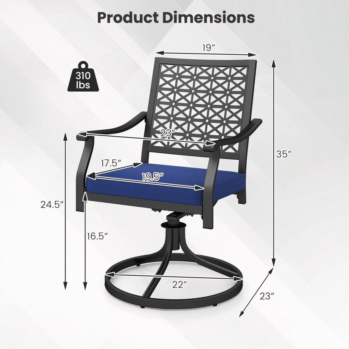 Lot de 2 chaises d'extérieur pivotantes avec coussins moelleux et base ronde en acier – Bleu marine