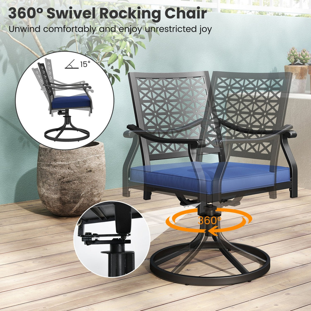 Lot de 2 chaises d'extérieur pivotantes avec coussins moelleux et base ronde en acier – Bleu marine