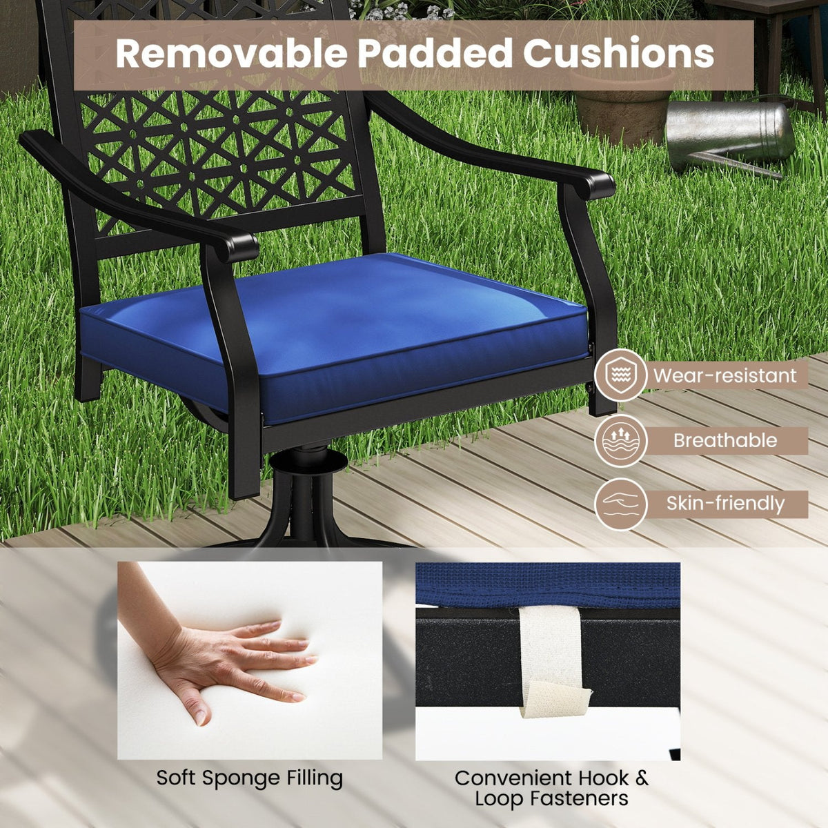 Lot de 2 chaises d'extérieur pivotantes avec coussins moelleux et base ronde en acier – Bleu marine