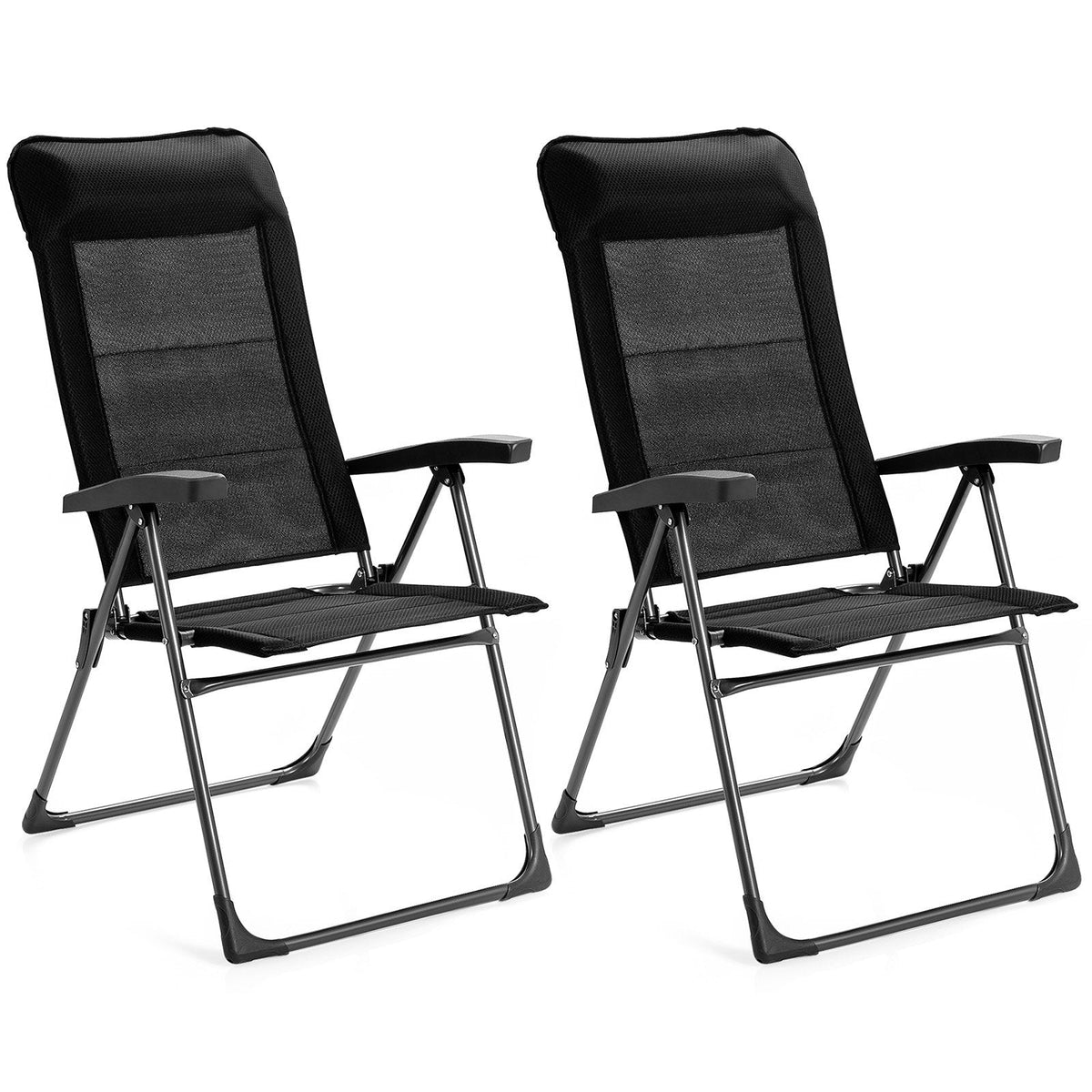 2-teiliges Set tragbare, klappbare Terrassen-Esszimmerstühle mit verstellbarer Kopfstütze für Camping - Schwarz