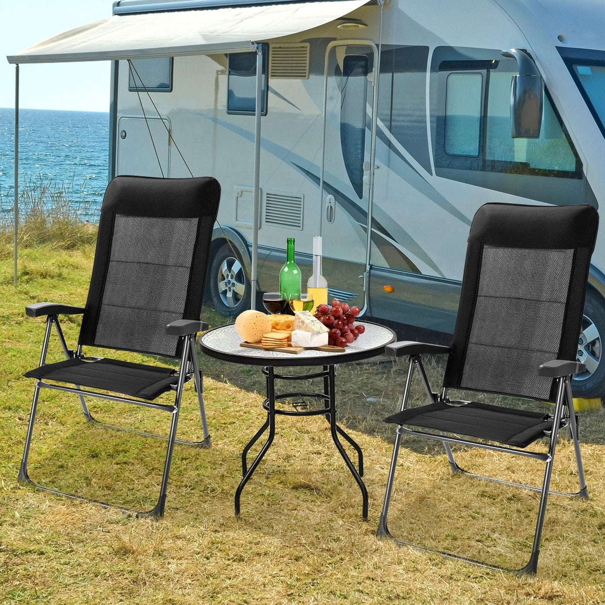 2-teiliges Set tragbare, klappbare Terrassen-Esszimmerstühle mit verstellbarer Kopfstütze für Camping - Schwarz