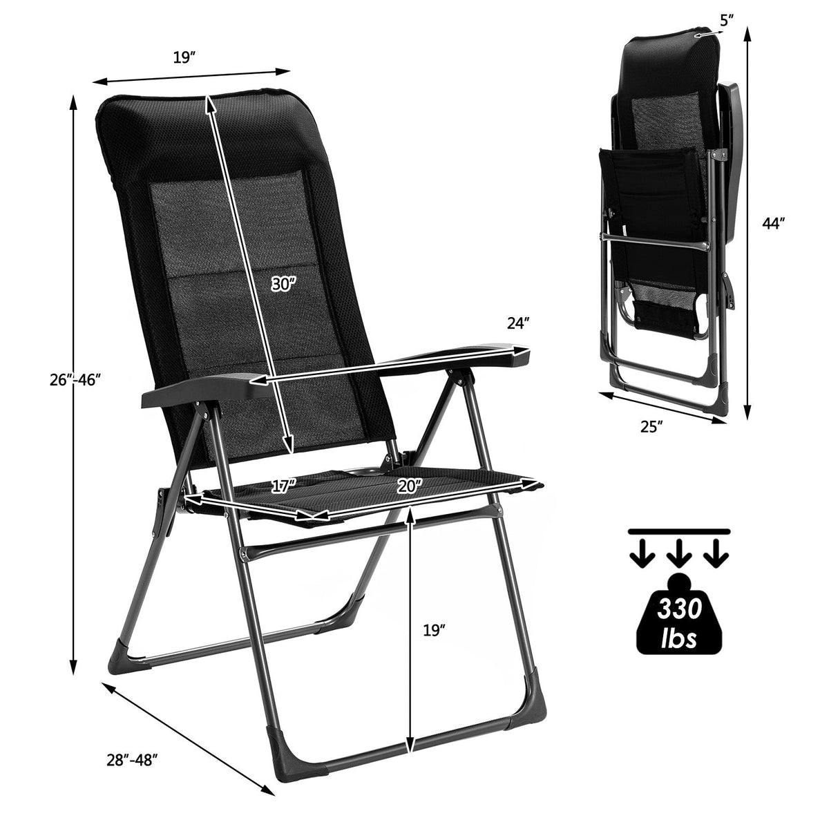 2-teiliges Set tragbare, klappbare Terrassen-Esszimmerstühle mit verstellbarer Kopfstütze für Camping - Schwarz