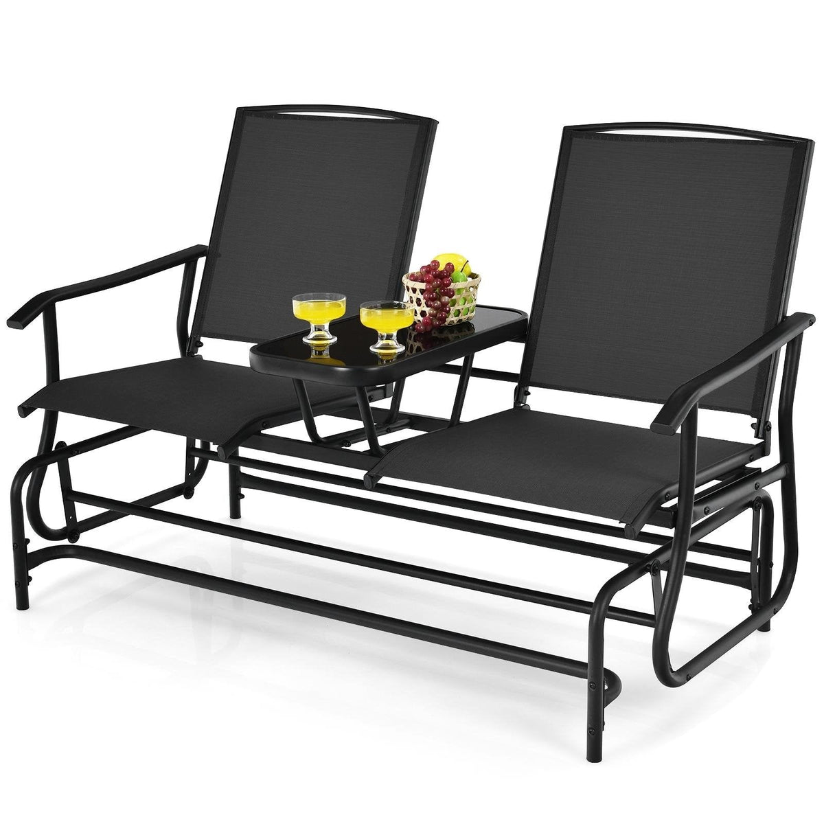Garten-Doppelschaukelbank für 2 Personen mit mittigem Tisch aus gehärtetem Glas, 145 cm, schwarze Netzbespannung, bis 240 kg belastbar