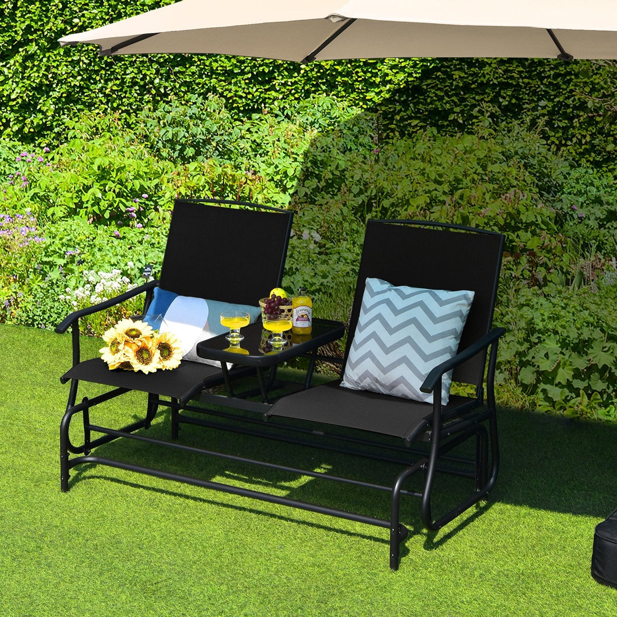 Garten-Doppelschaukelbank für 2 Personen mit mittigem Tisch aus gehärtetem Glas, 145 cm, schwarze Netzbespannung, bis 240 kg belastbar