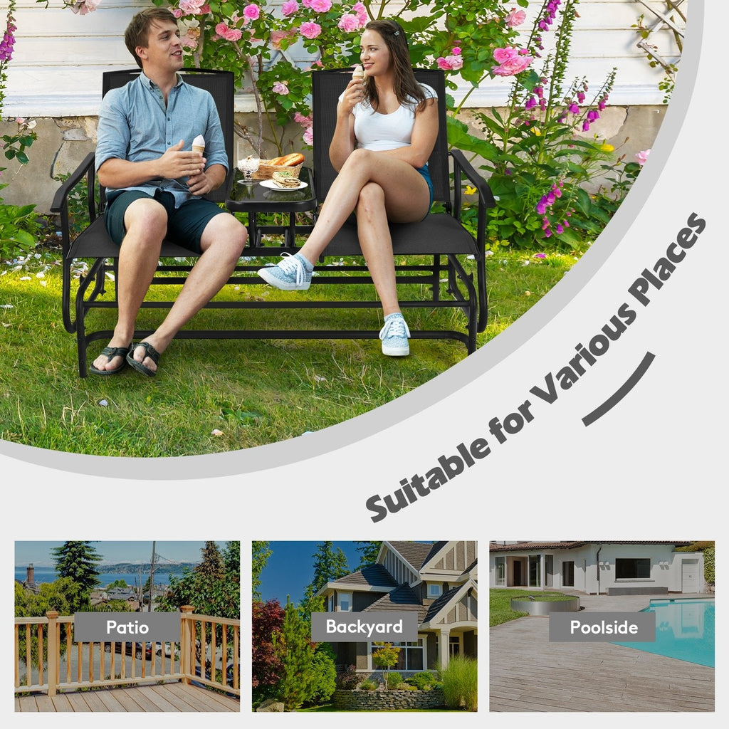 Garten-Doppelschaukelbank für 2 Personen mit mittigem Tisch aus gehärtetem Glas, 145 cm, schwarze Netzbespannung, bis 240 kg belastbar