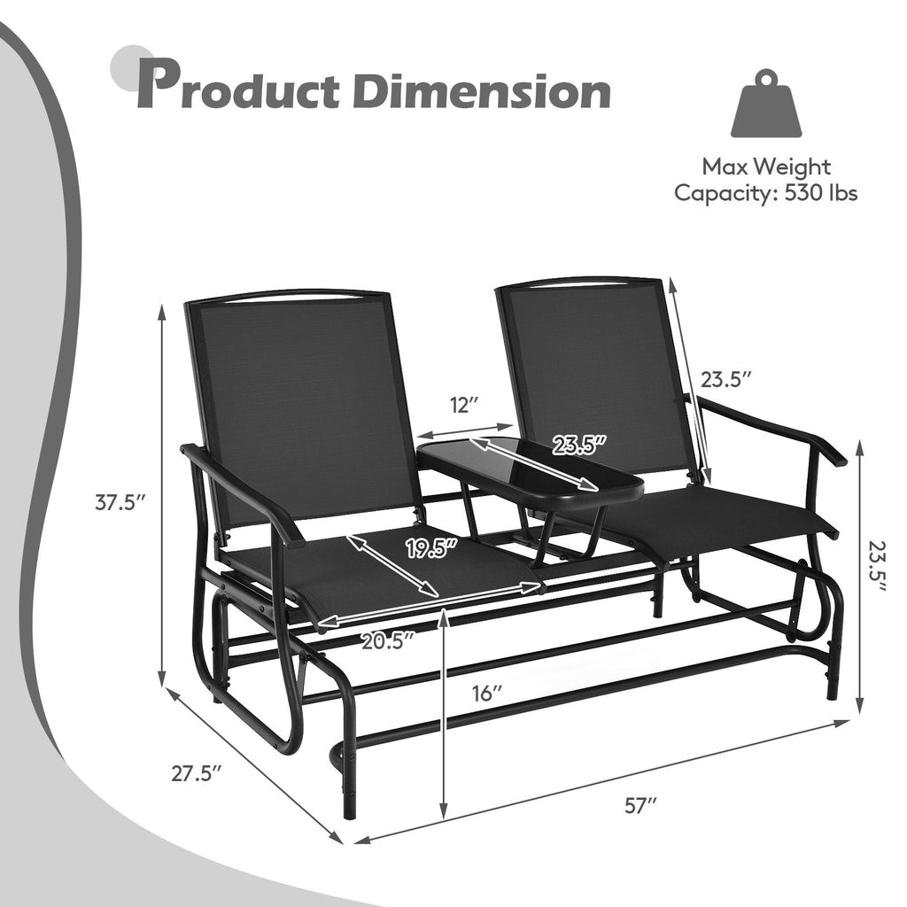 Garten-Doppelschaukelbank für 2 Personen mit mittigem Tisch aus gehärtetem Glas, 145 cm, schwarze Netzbespannung, bis 240 kg belastbar