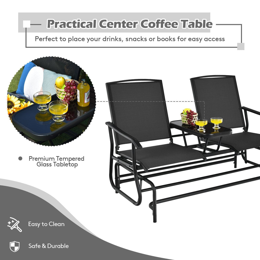 Garten-Doppelschaukelbank für 2 Personen mit mittigem Tisch aus gehärtetem Glas, 145 cm, schwarze Netzbespannung, bis 240 kg belastbar