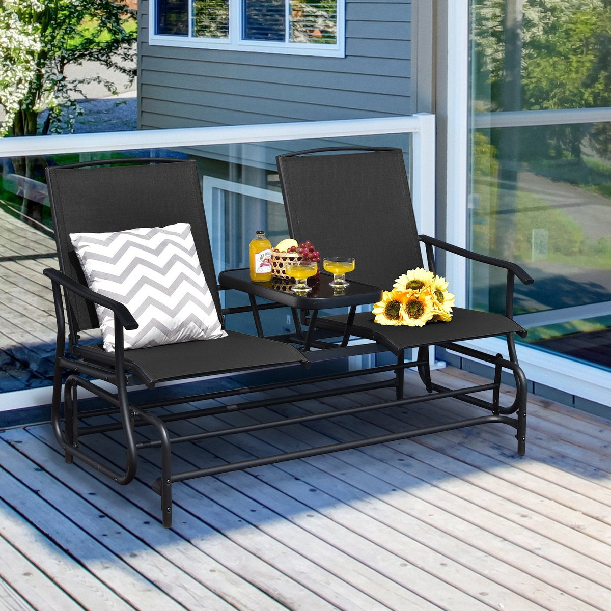 Garten-Doppelschaukelbank für 2 Personen mit mittigem Tisch aus gehärtetem Glas, 145 cm, schwarze Netzbespannung, bis 240 kg belastbar