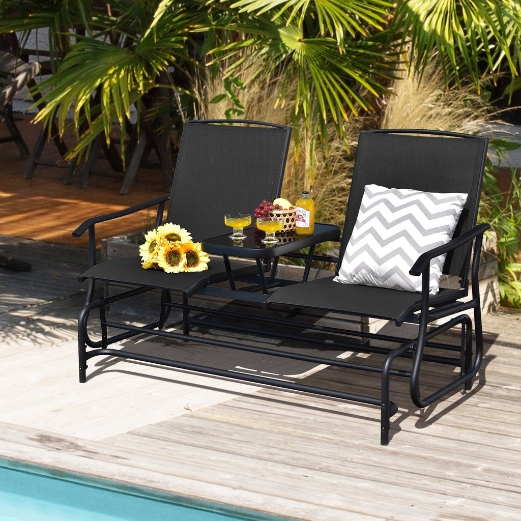 Garten-Doppelschaukelbank für 2 Personen mit mittigem Tisch aus gehärtetem Glas, 145 cm, schwarze Netzbespannung, bis 240 kg belastbar