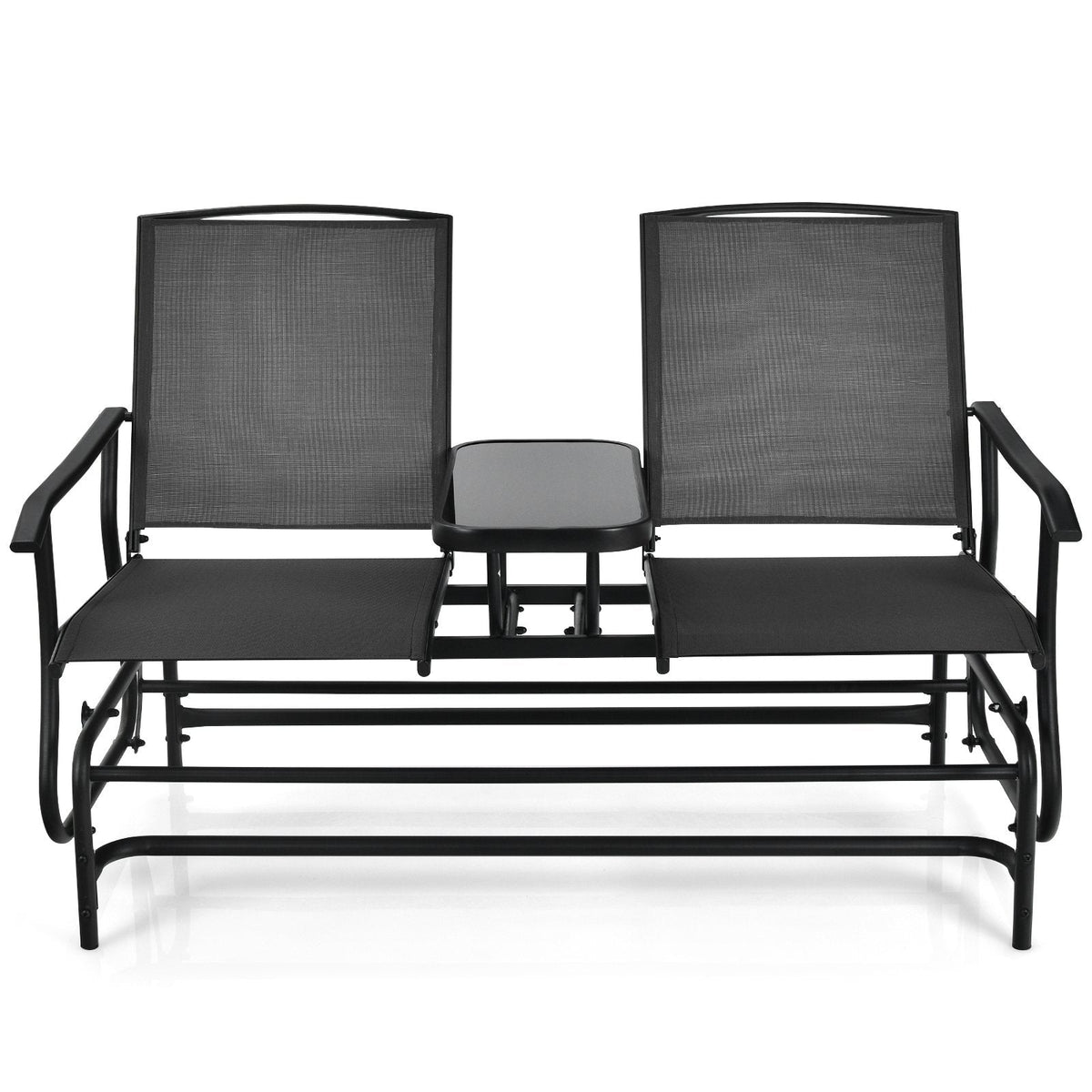 Garten-Doppelschaukelbank für 2 Personen mit mittigem Tisch aus gehärtetem Glas, 145 cm, schwarze Netzbespannung, bis 240 kg belastbar