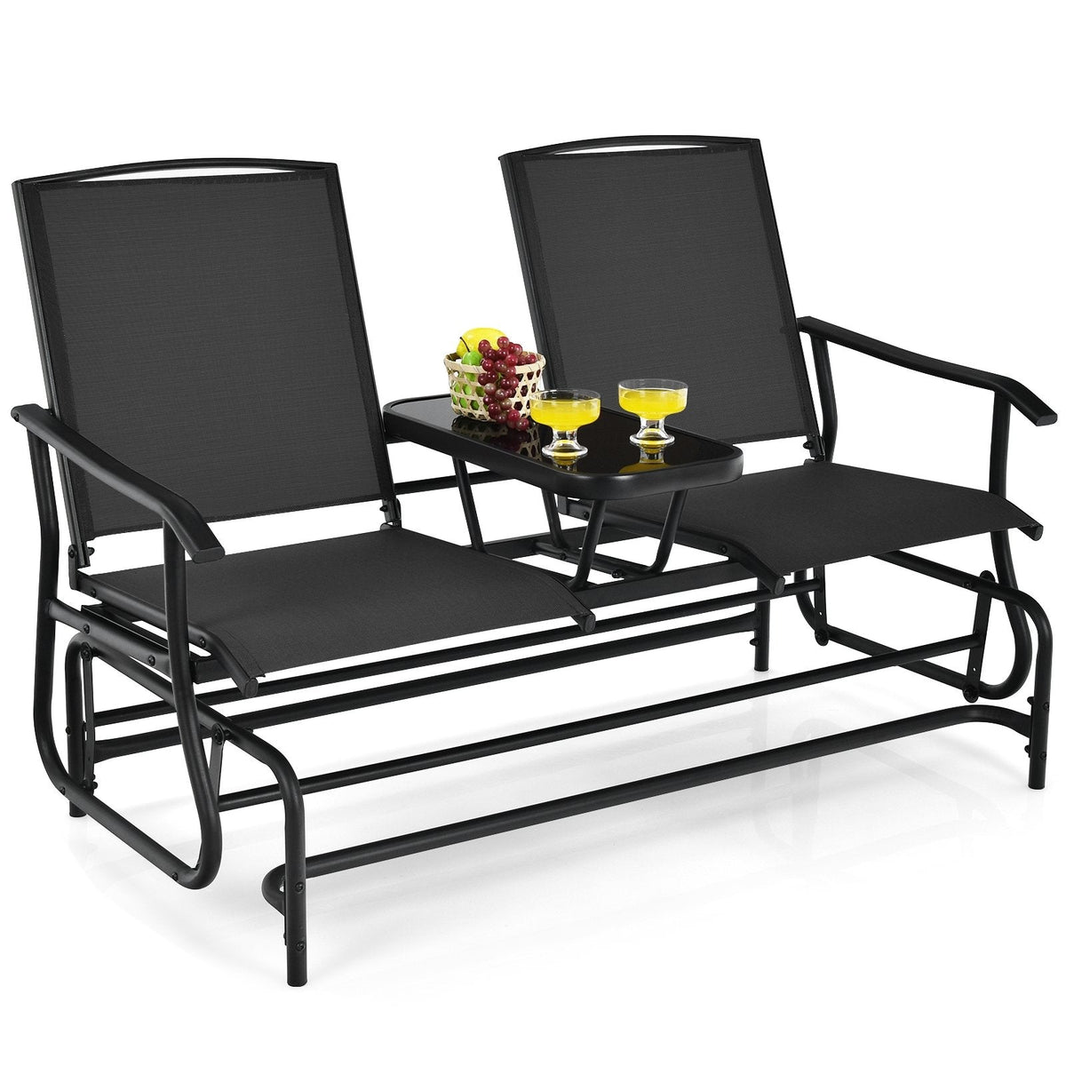 Garten-Doppelschaukelbank für 2 Personen mit mittigem Tisch aus gehärtetem Glas, 145 cm, schwarze Netzbespannung, bis 240 kg belastbar