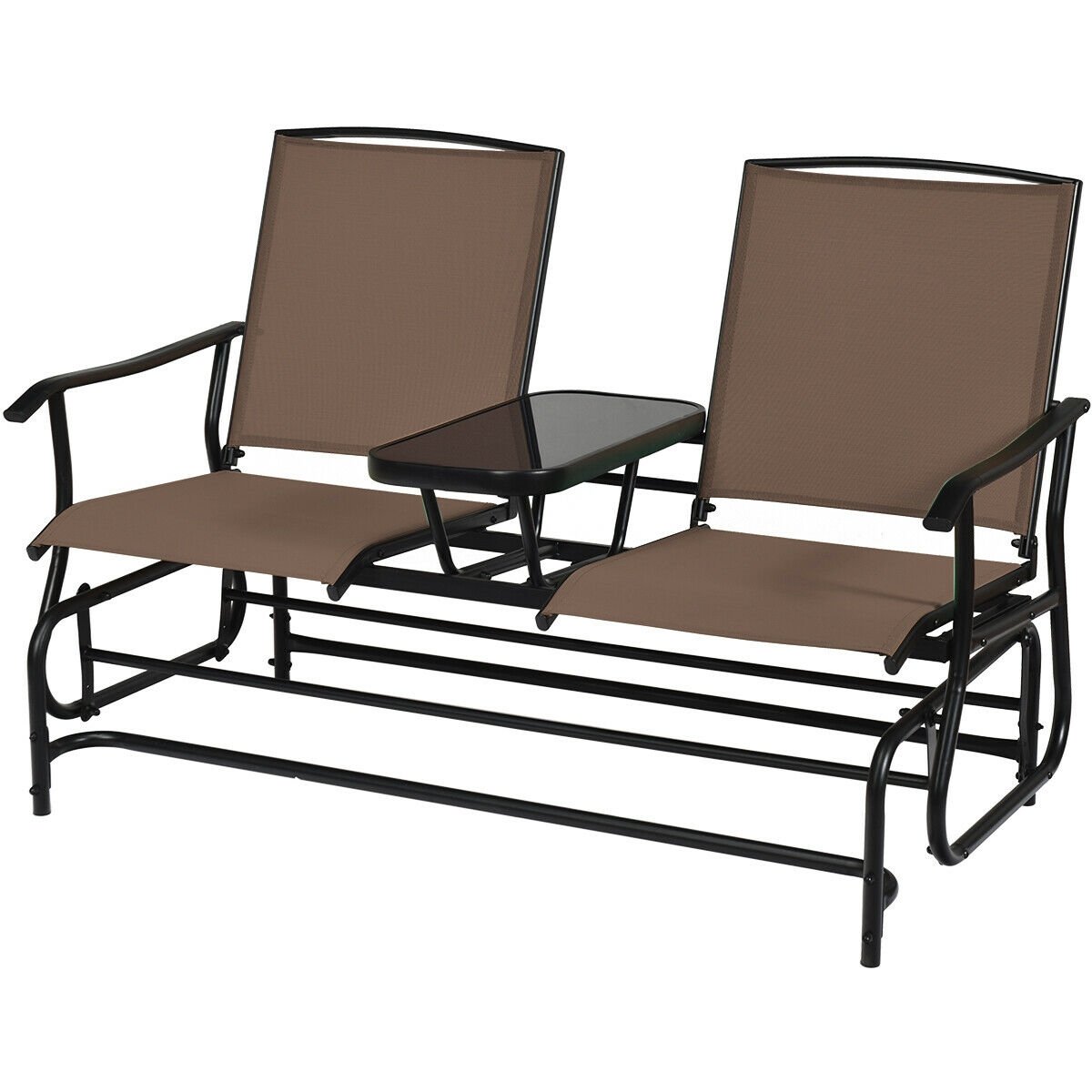 2 Person Outdoor Glider Loveseat with Centre Tempered Glass Table, 57 in Brown Mesh Bench Rated 530 lb