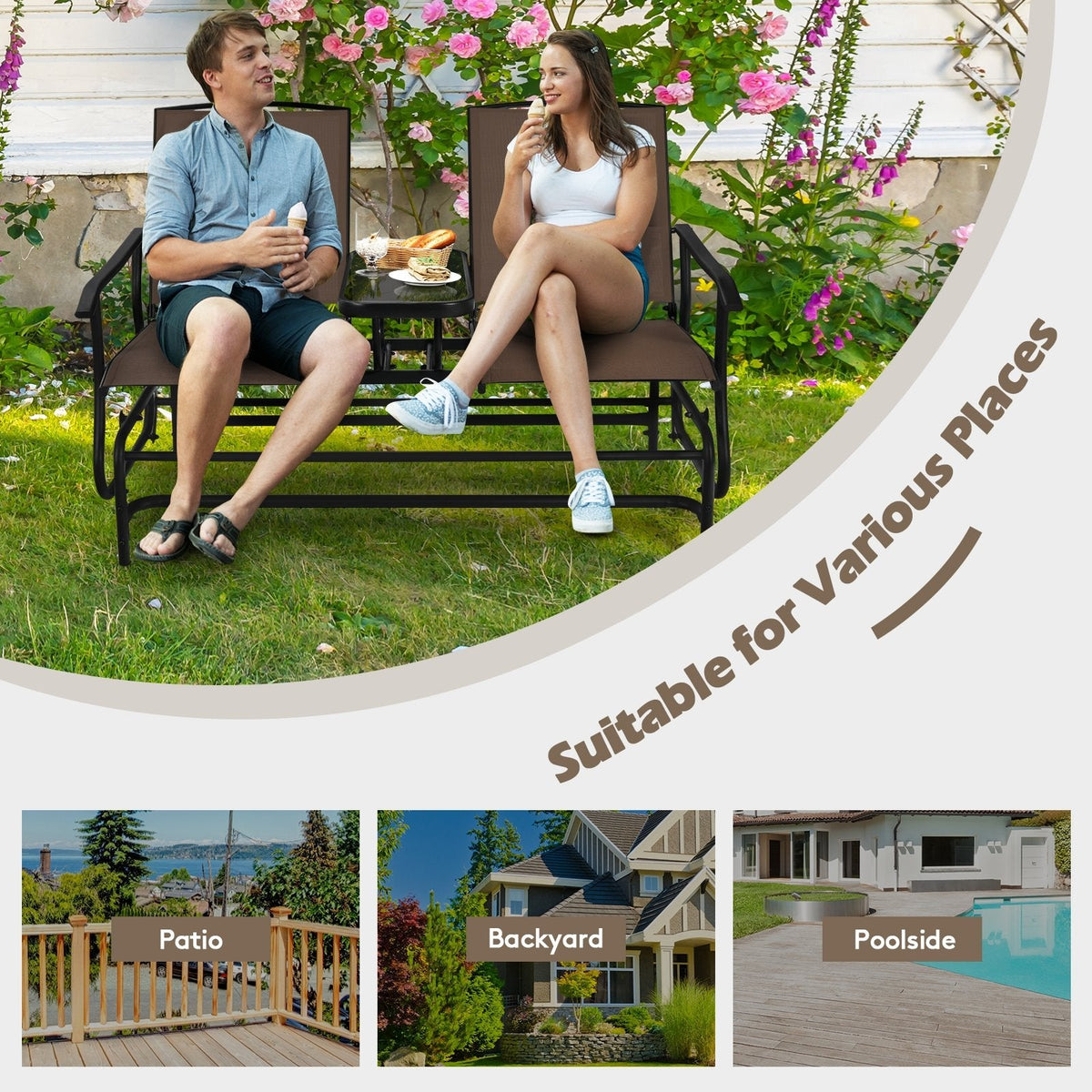 2 Person Outdoor Glider Loveseat with Centre Tempered Glass Table, 57 in Brown Mesh Bench Rated 530 lb