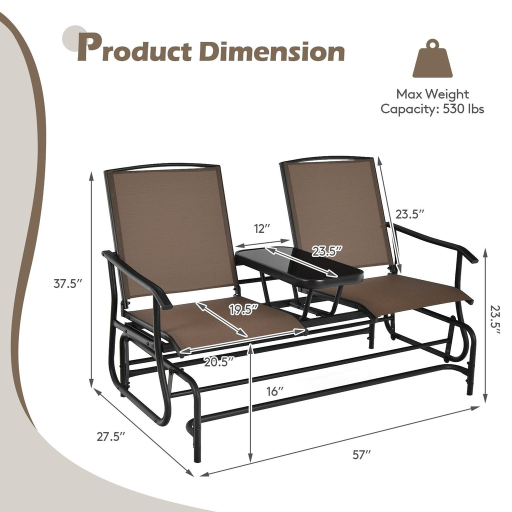 Canapé balancelle d'extérieur 2 places avec table centrale en verre trempé, 57 po, assise en maille marron, capacité de 530 lb