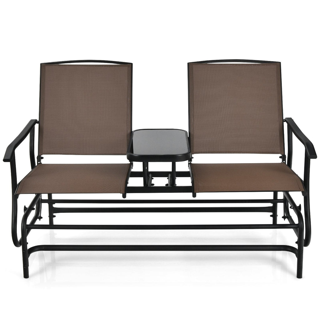 Canapé balancelle d'extérieur 2 places avec table centrale en verre trempé, 57 po, assise en maille marron, capacité de 530 lb