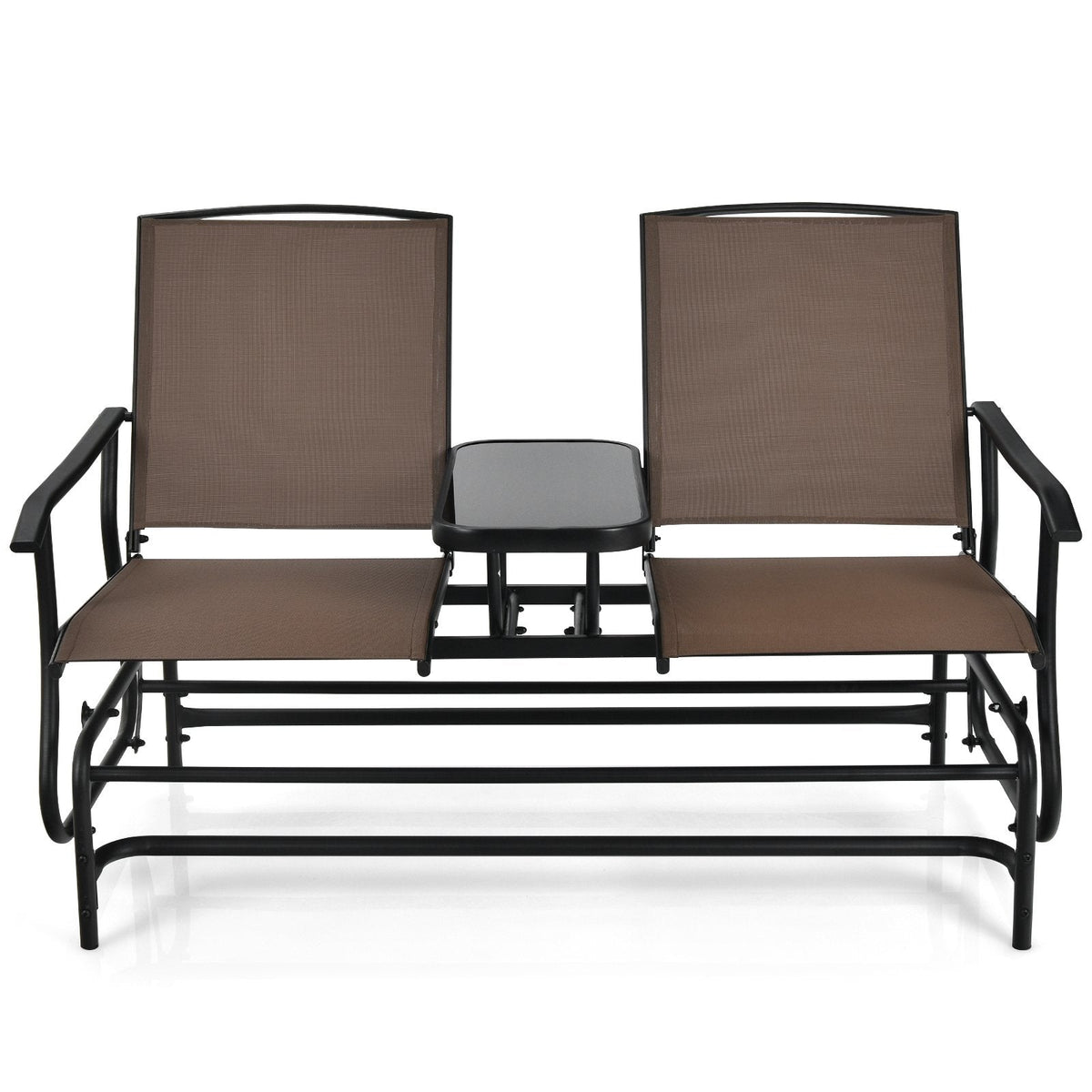 Canapé balancelle d'extérieur 2 places avec table centrale en verre trempé, 57 po, assise en maille marron, capacité de 530 lb