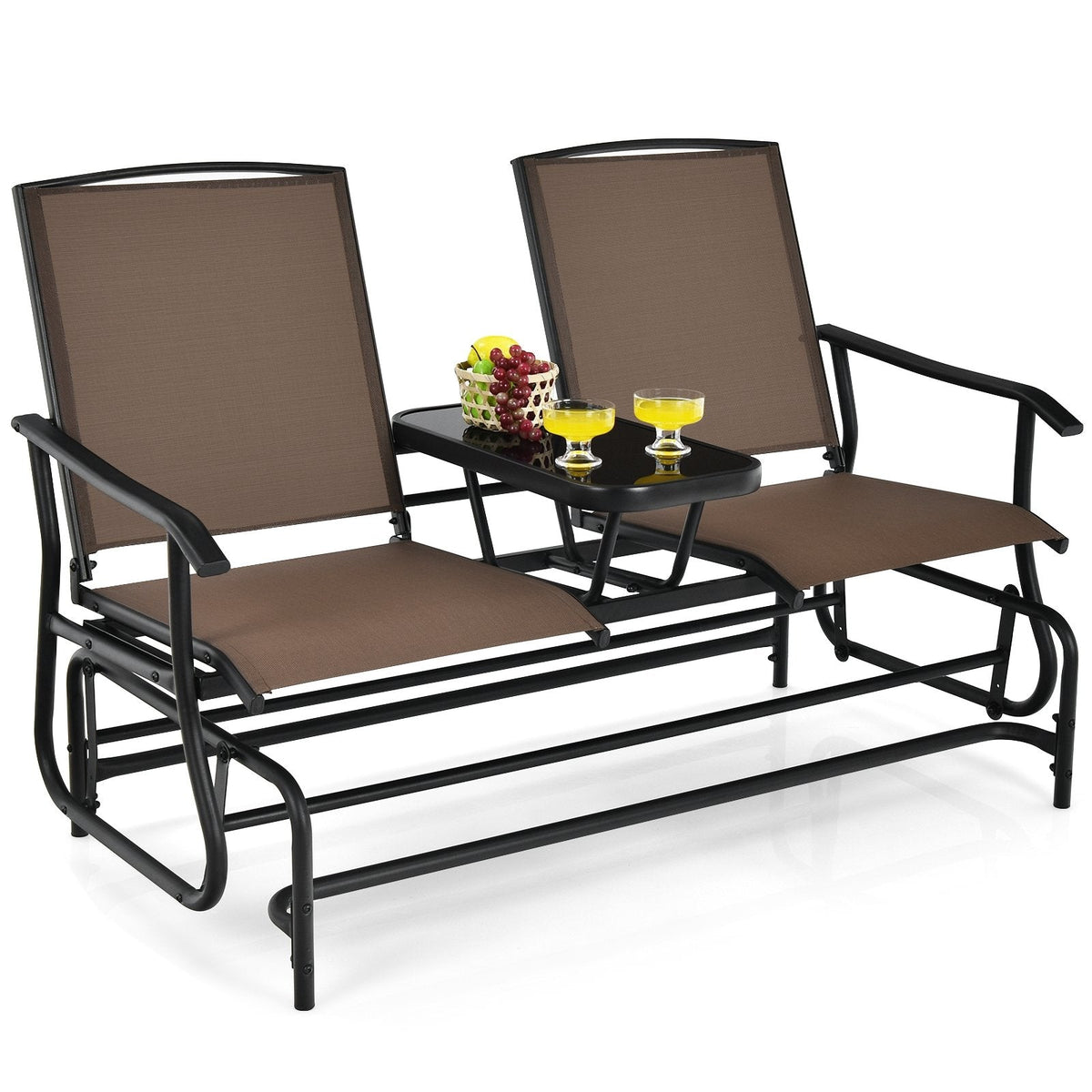 Canapé balancelle d'extérieur 2 places avec table centrale en verre trempé, 57 po, assise en maille marron, capacité de 530 lb
