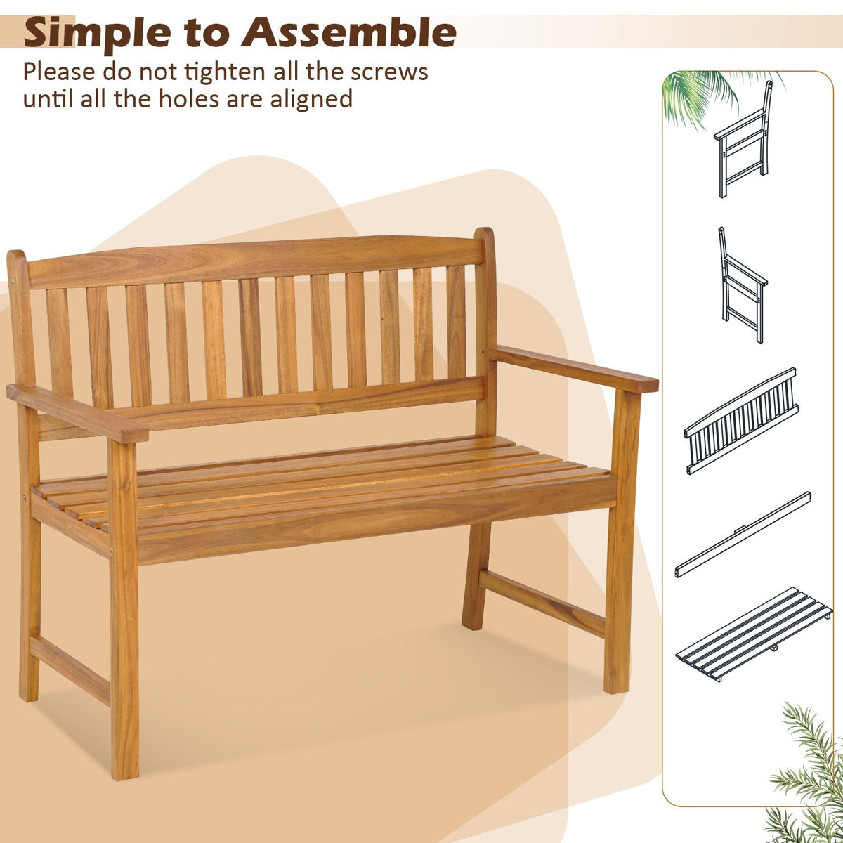 Banco de patio de madera de acacia para 2 personas con respaldo y reposabrazos
