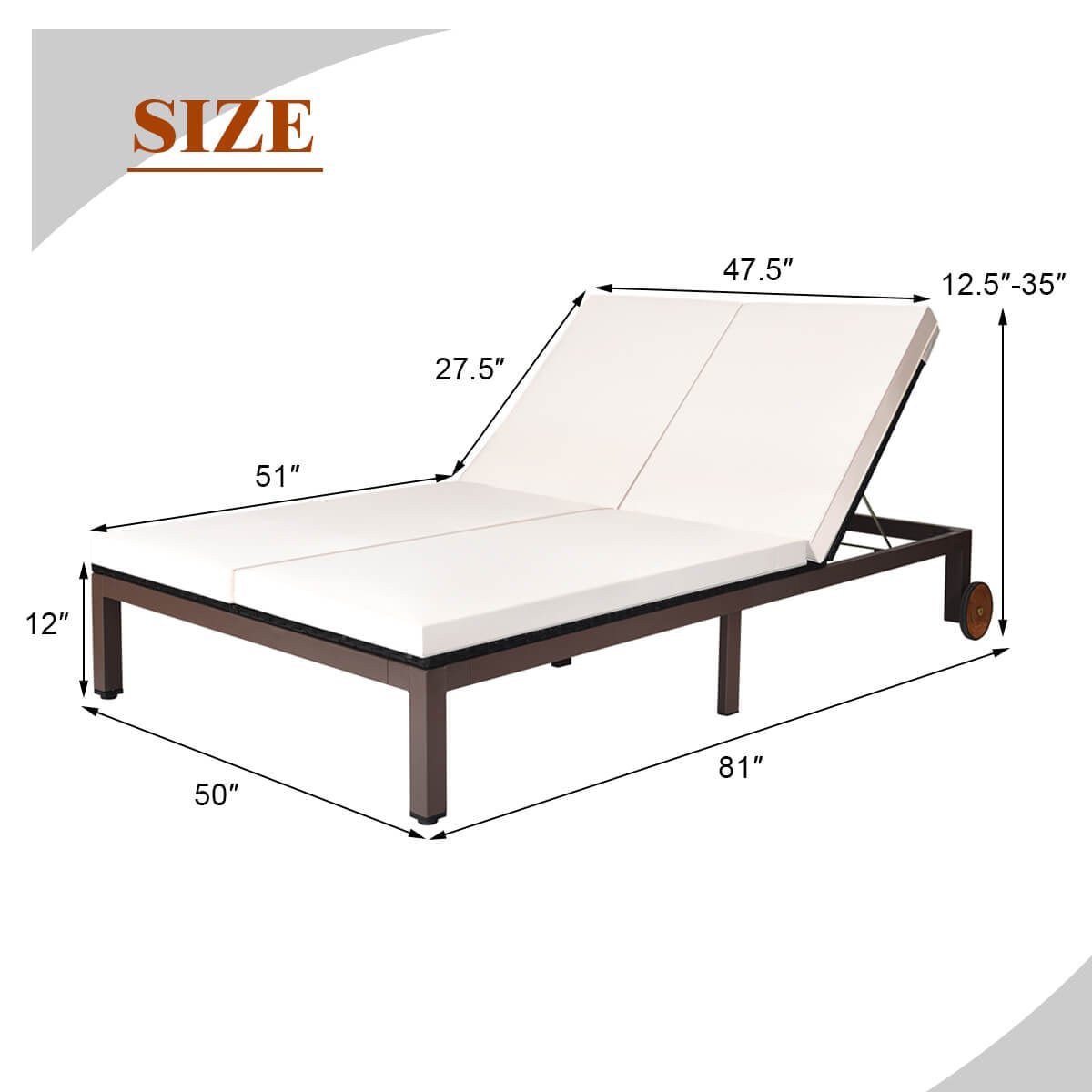 Double chaise longue en rotin pour deux personnes avec dossiers séparés et roulettes, blanc