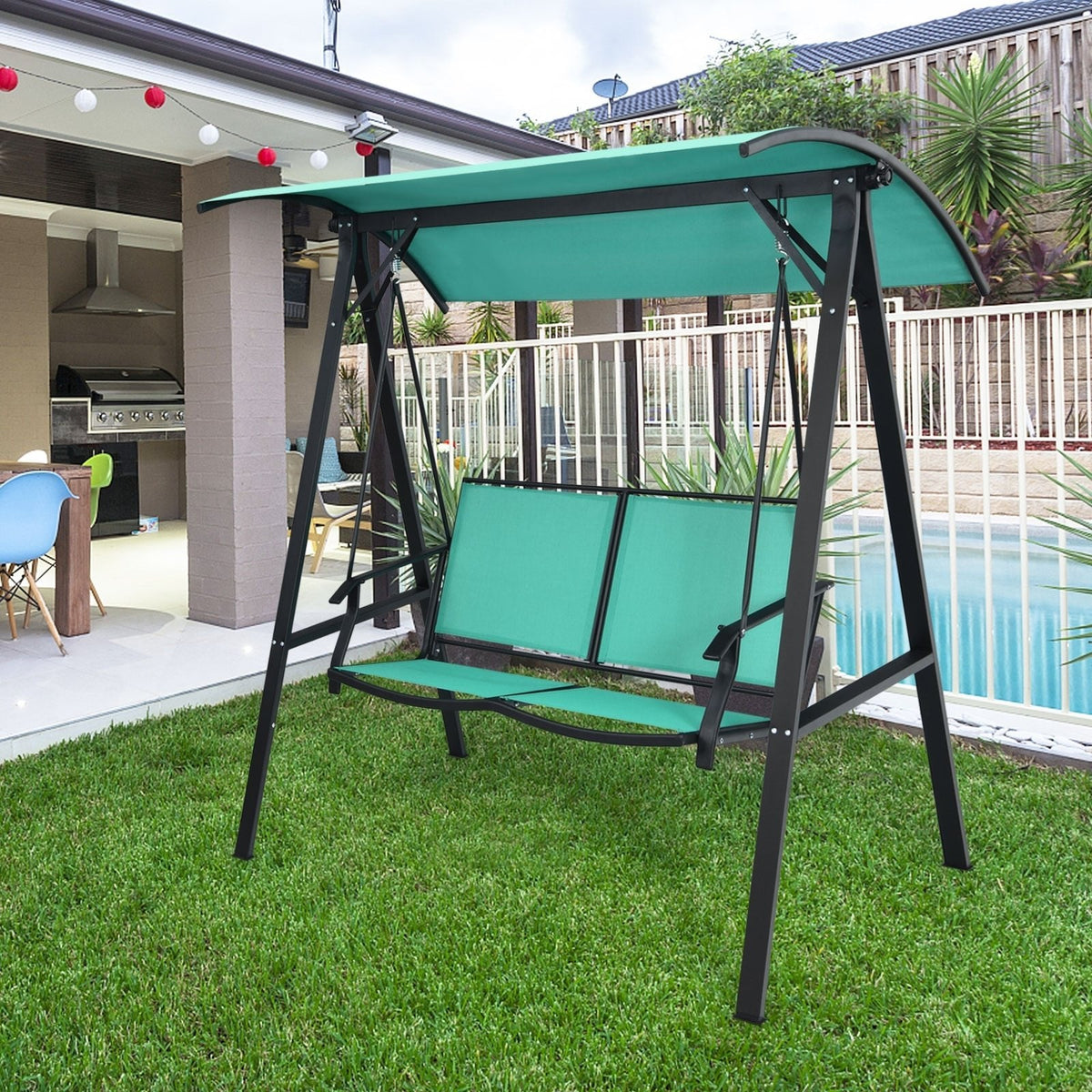 Balançoire de patio 2 places avec planeur résistant aux intempéries et auvent réglable-Vert