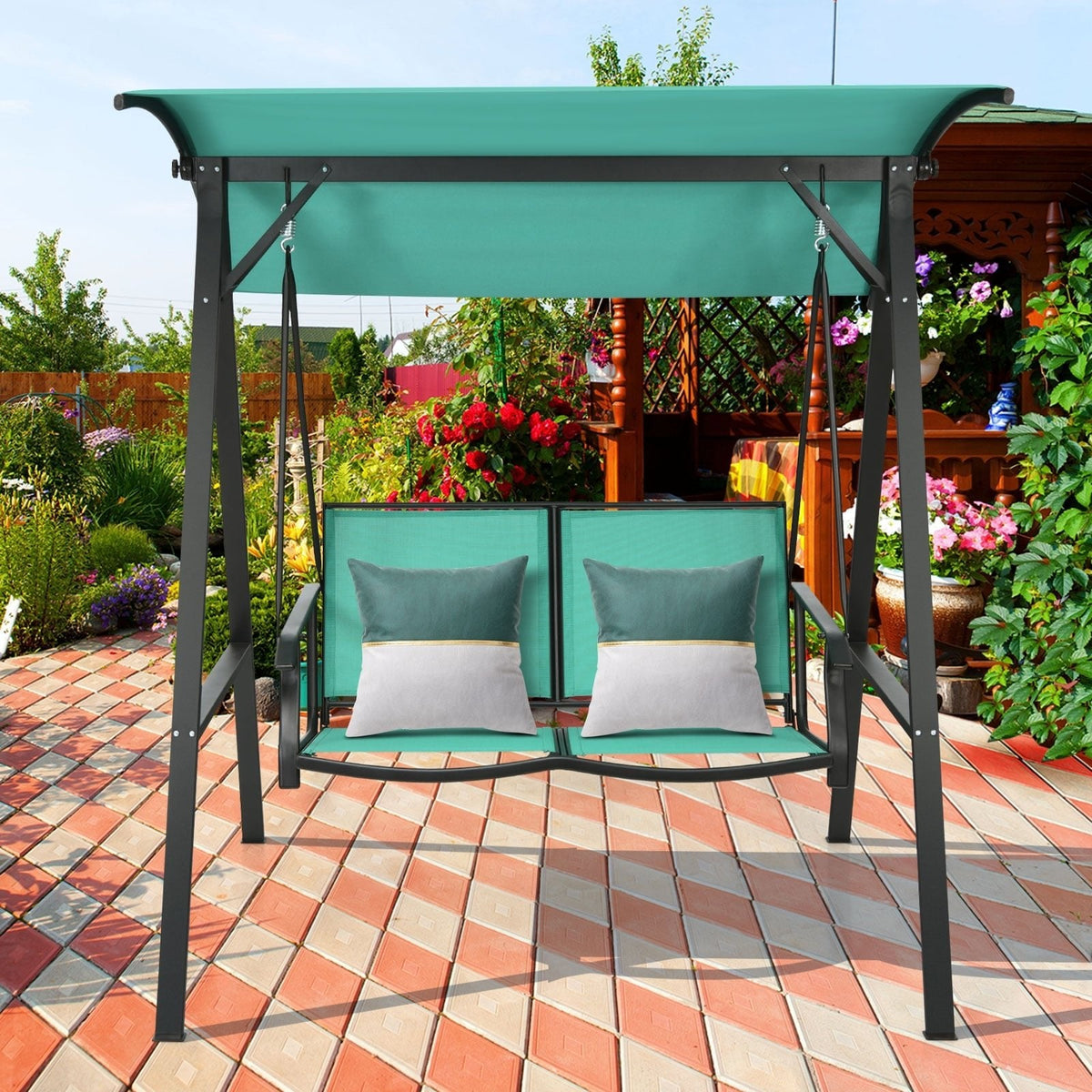 Balançoire de patio 2 places avec planeur résistant aux intempéries et auvent réglable-Vert