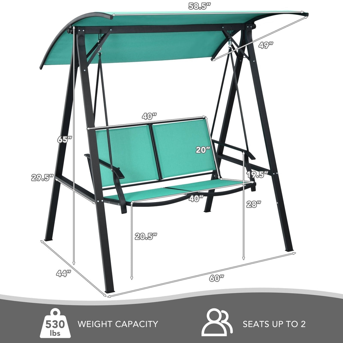 Balançoire de patio 2 places avec planeur résistant aux intempéries et auvent réglable-Vert