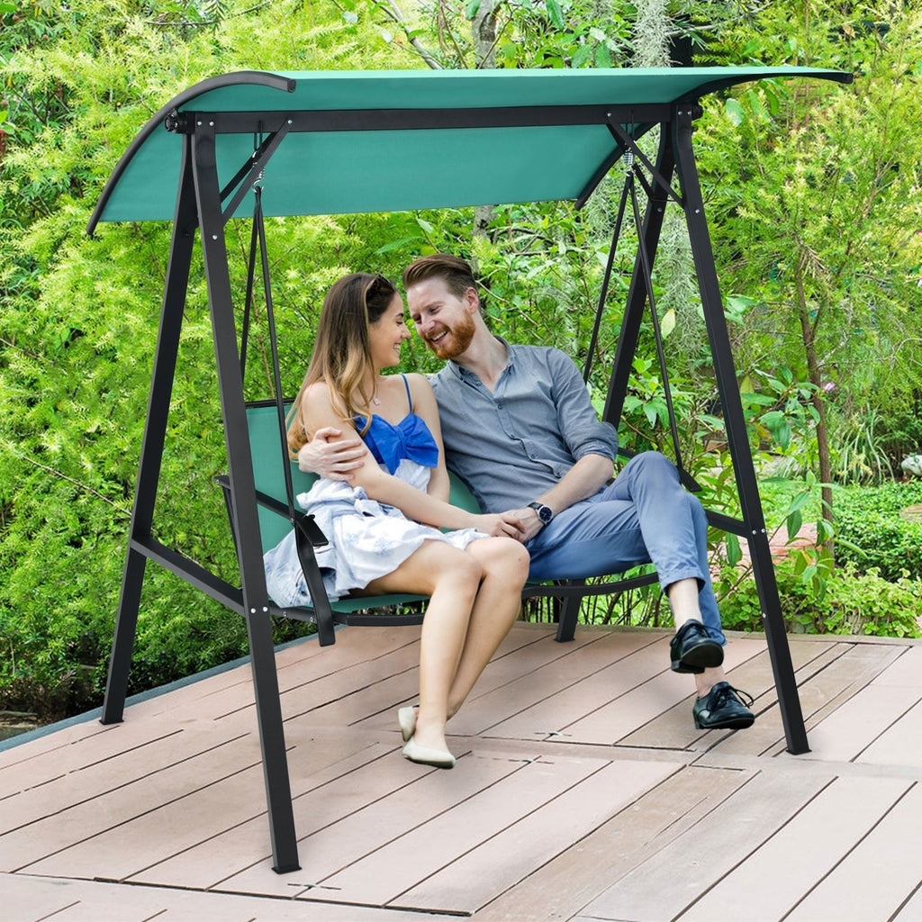 Balançoire de patio 2 places avec planeur résistant aux intempéries et auvent réglable-Vert