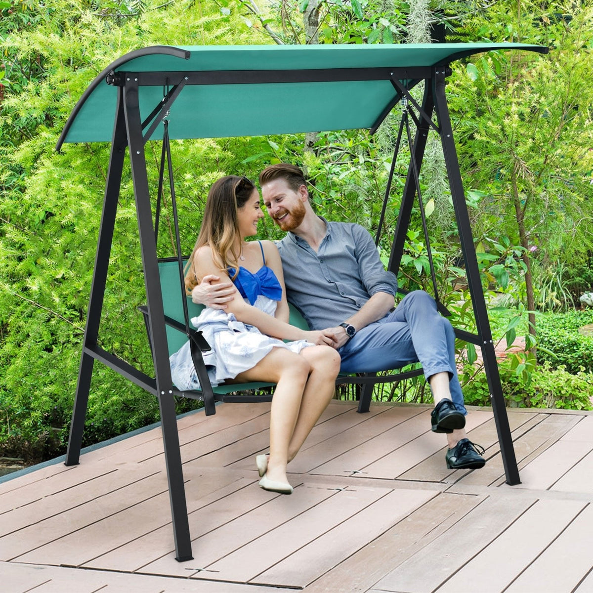 Balançoire de patio 2 places avec planeur résistant aux intempéries et auvent réglable-Vert