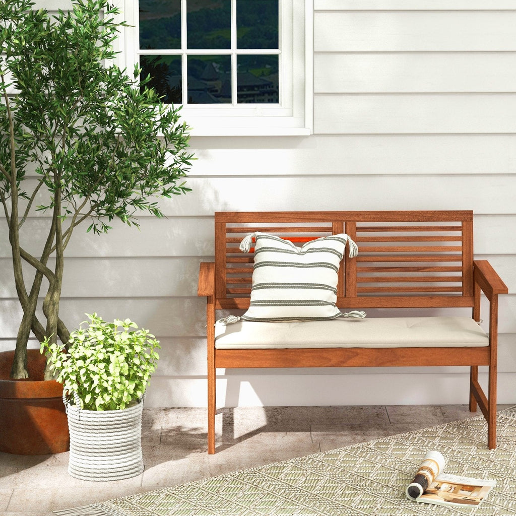 Banc de patio 2 places en bois massif avec dossier et coussin