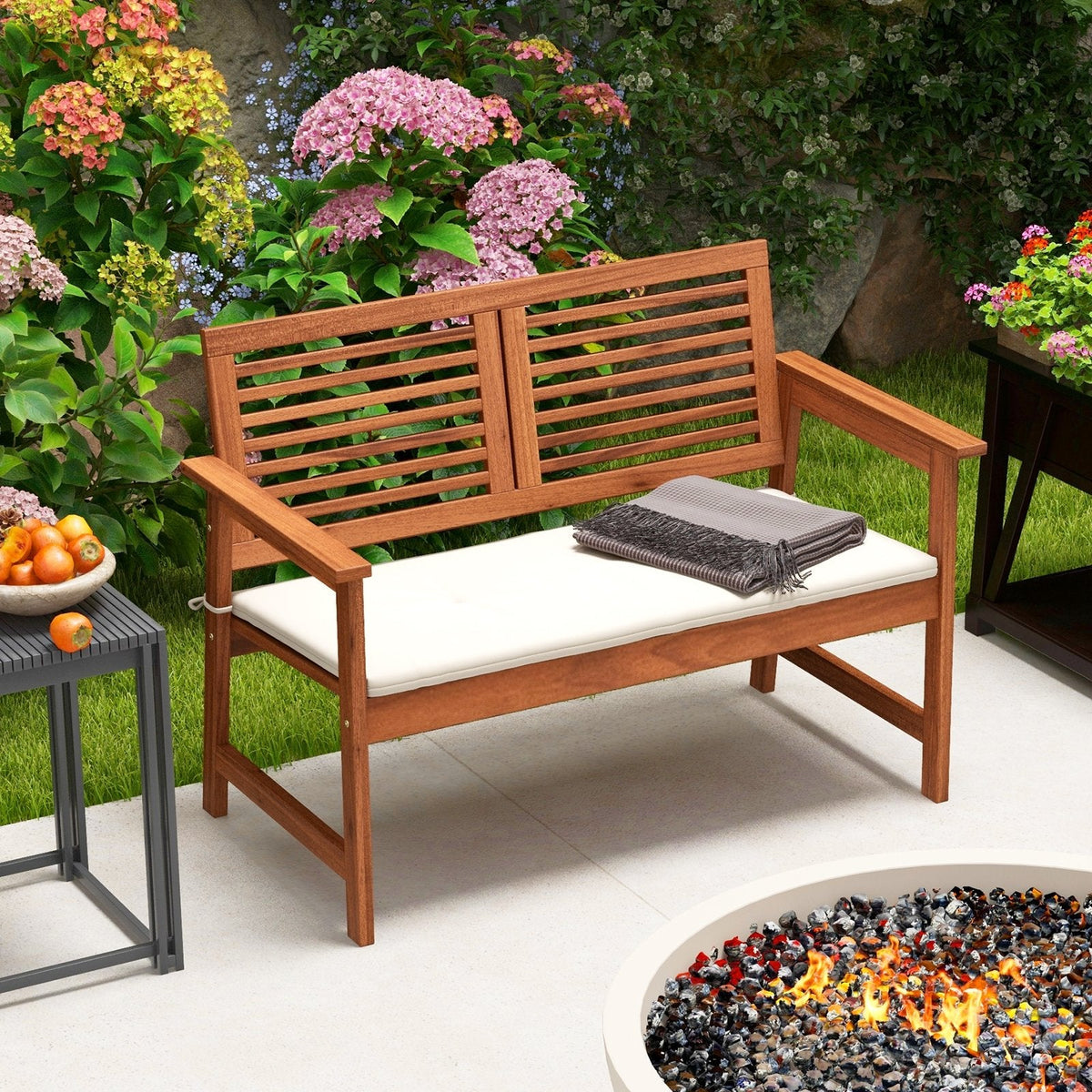 Banc de patio 2 places en bois massif avec dossier et coussin