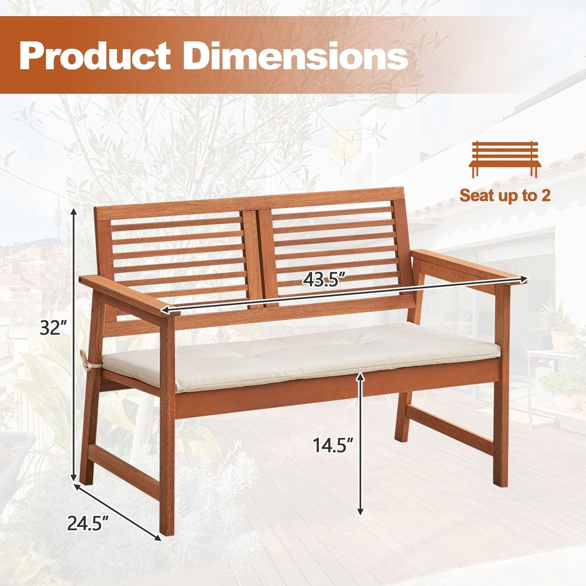 Banc de patio 2 places en bois massif avec dossier et coussin