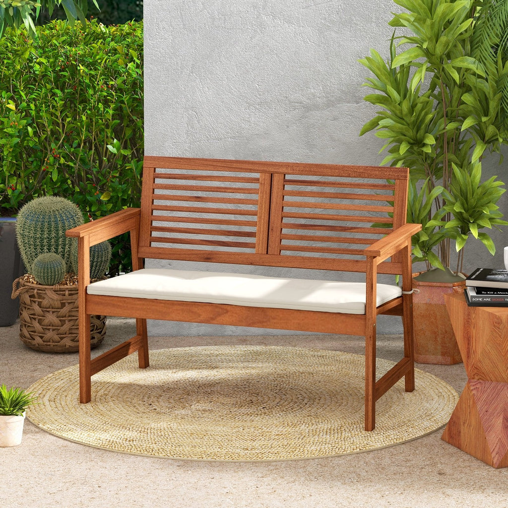 Banc de patio 2 places en bois massif avec dossier et coussin