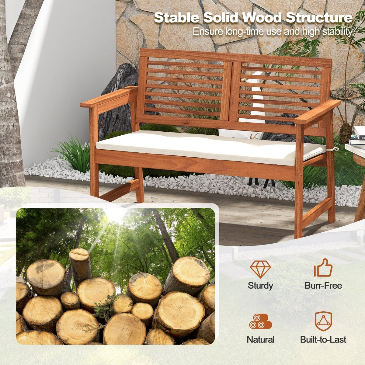 Banc de patio 2 places en bois massif avec dossier et coussin