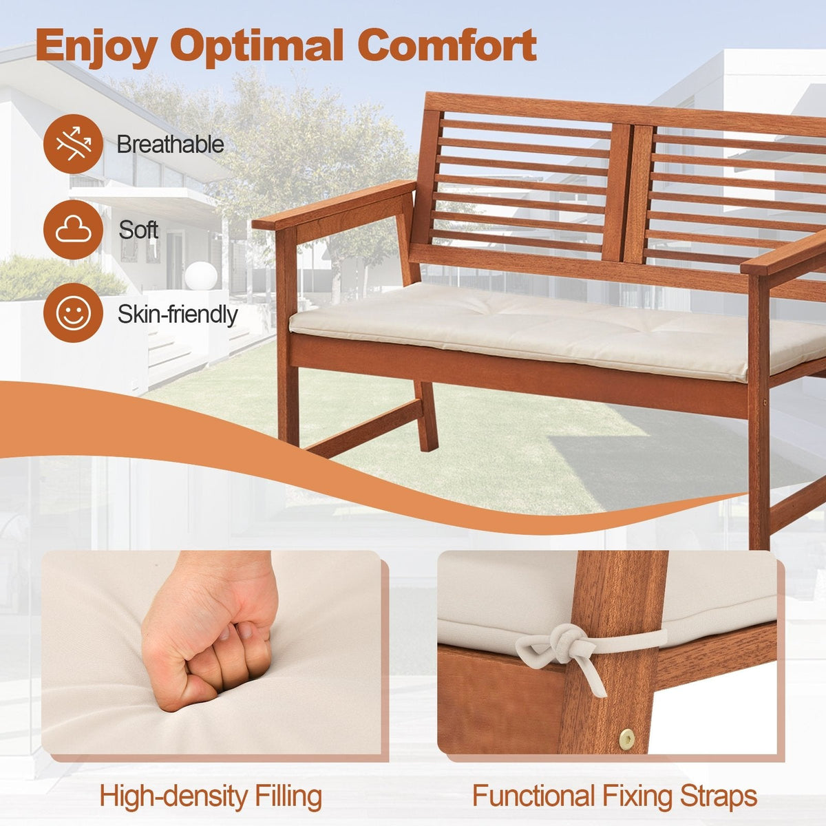Banc de patio 2 places en bois massif avec dossier et coussin