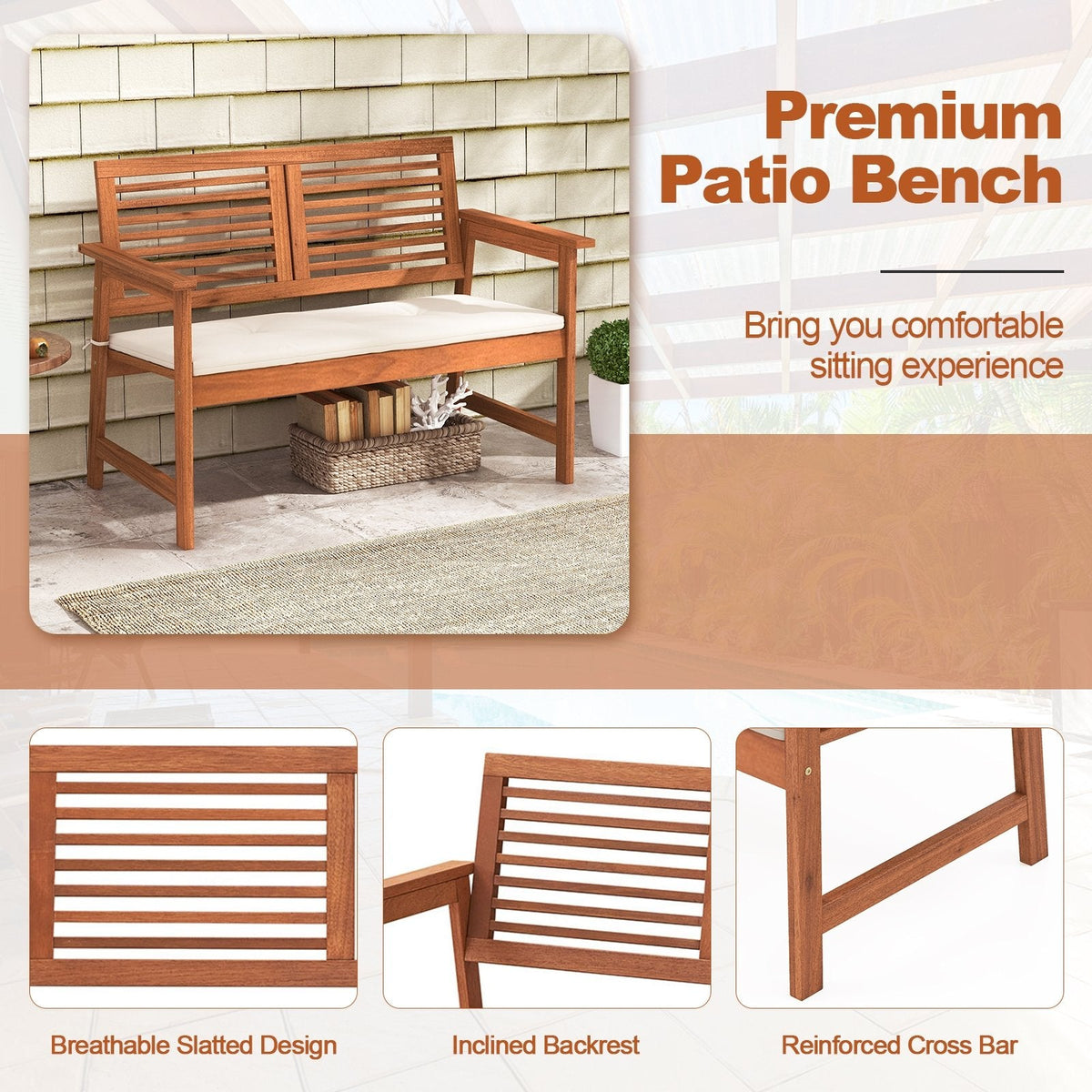 Banc de patio 2 places en bois massif avec dossier et coussin