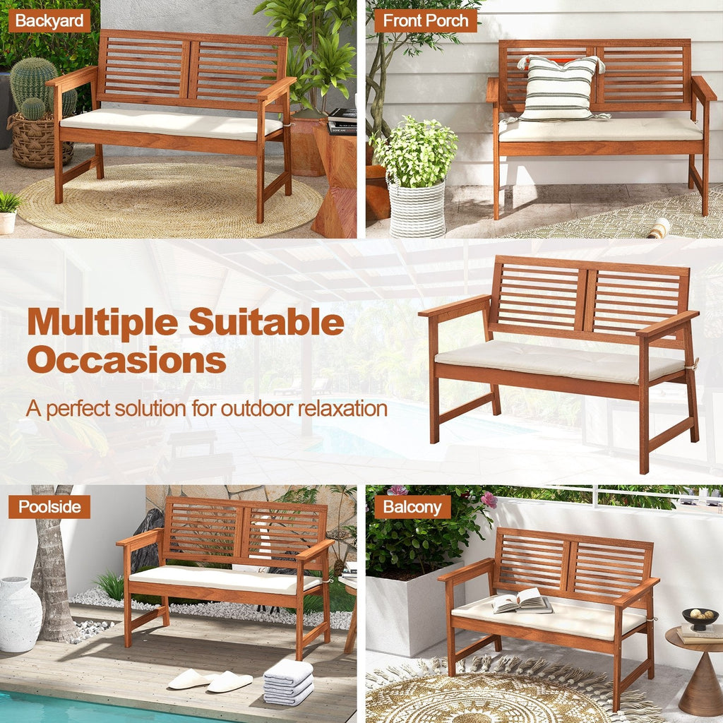 Banc de patio 2 places en bois massif avec dossier et coussin