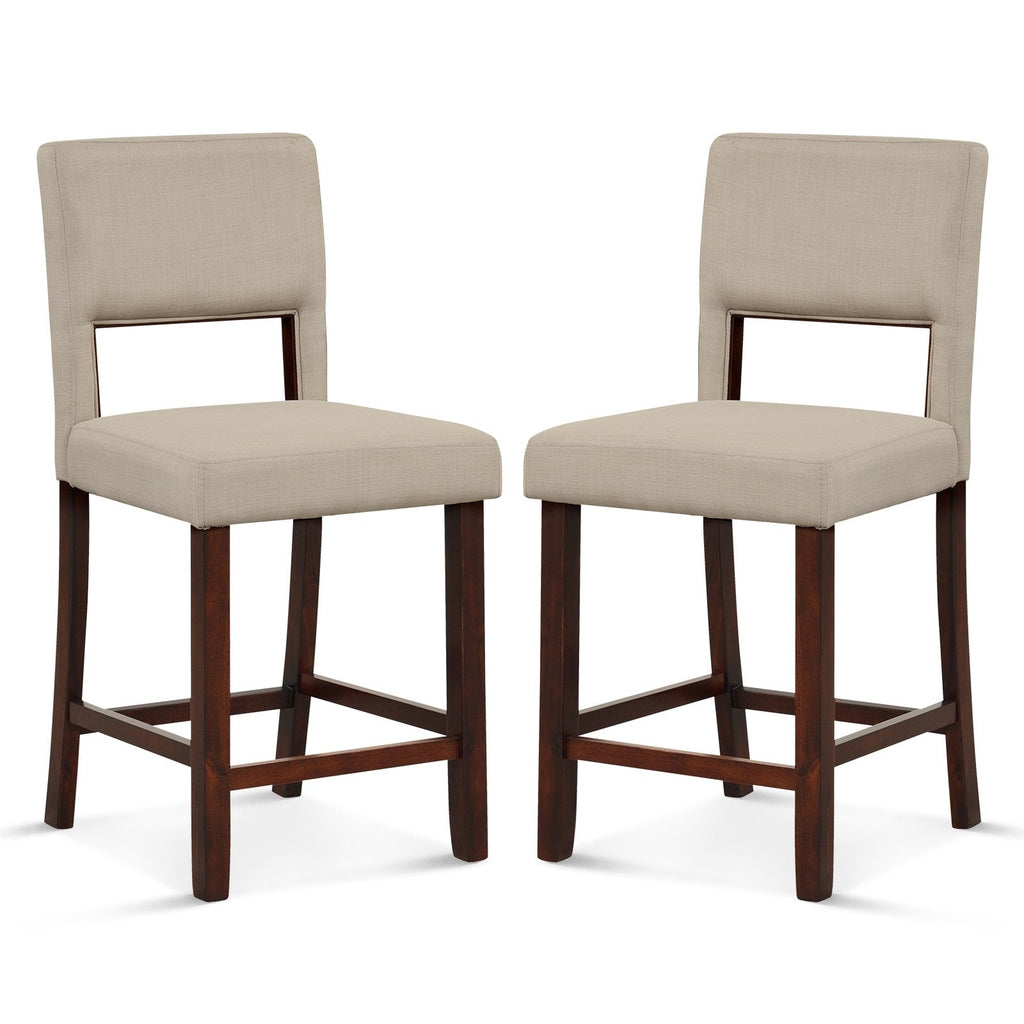 Lot de 2 tabourets de bar hauteur comptoir à dossier ajouré, tissu lin beige, hauteur d’assise de 24,5 pouces