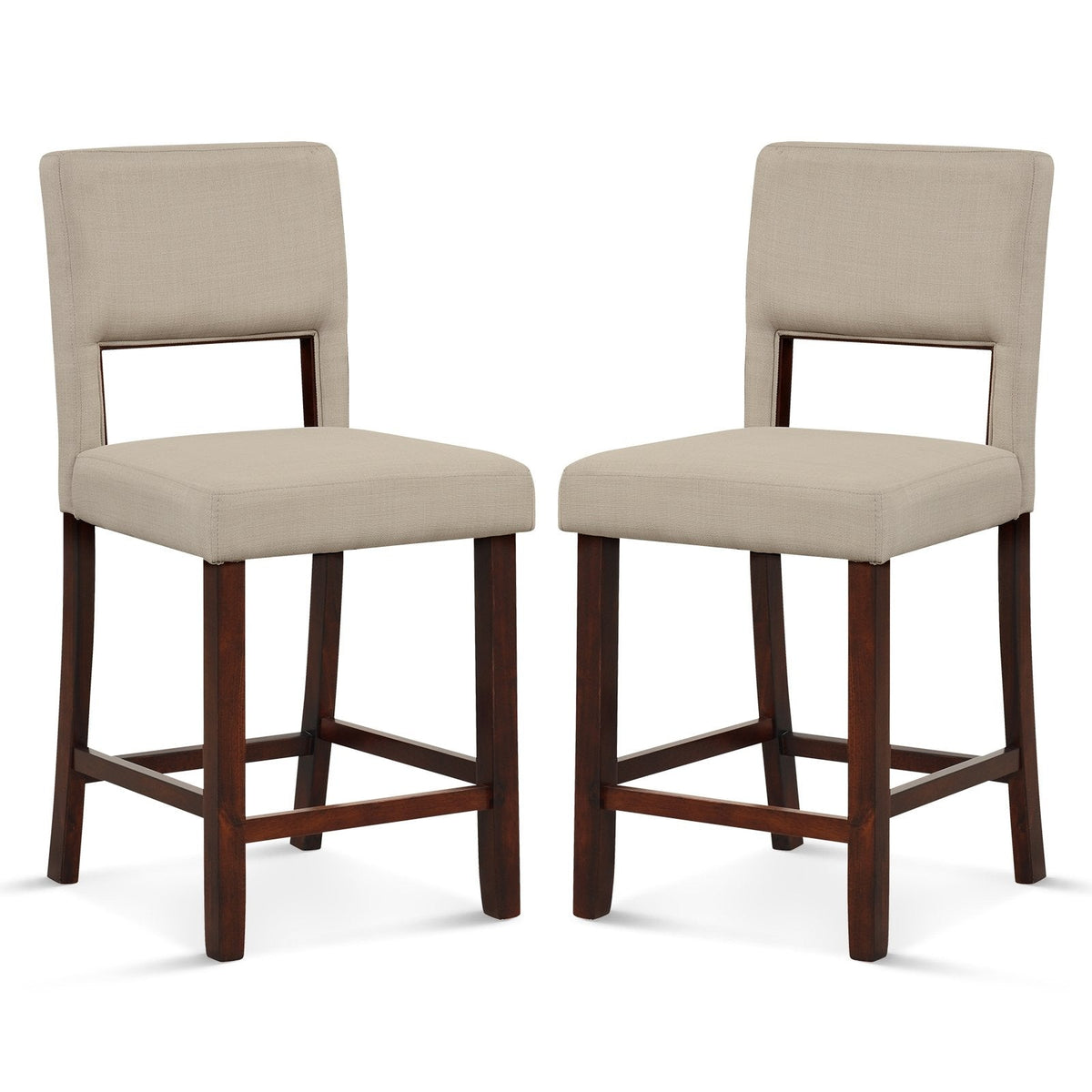 Lot de 2 tabourets de bar hauteur comptoir à dossier ajouré, tissu lin beige, hauteur d’assise de 24,5 pouces
