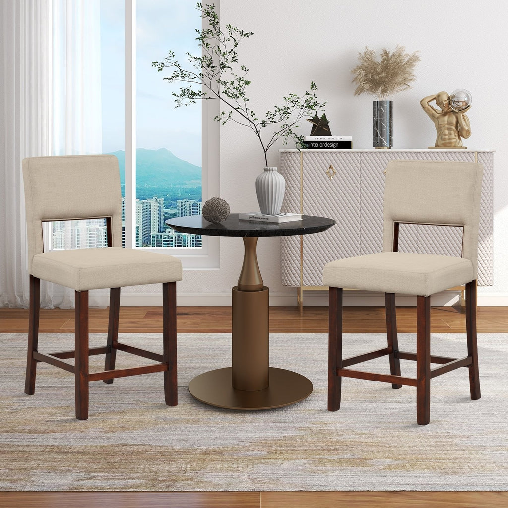 Lot de 2 tabourets de bar hauteur comptoir à dossier ajouré, tissu lin beige, hauteur d’assise de 24,5 pouces