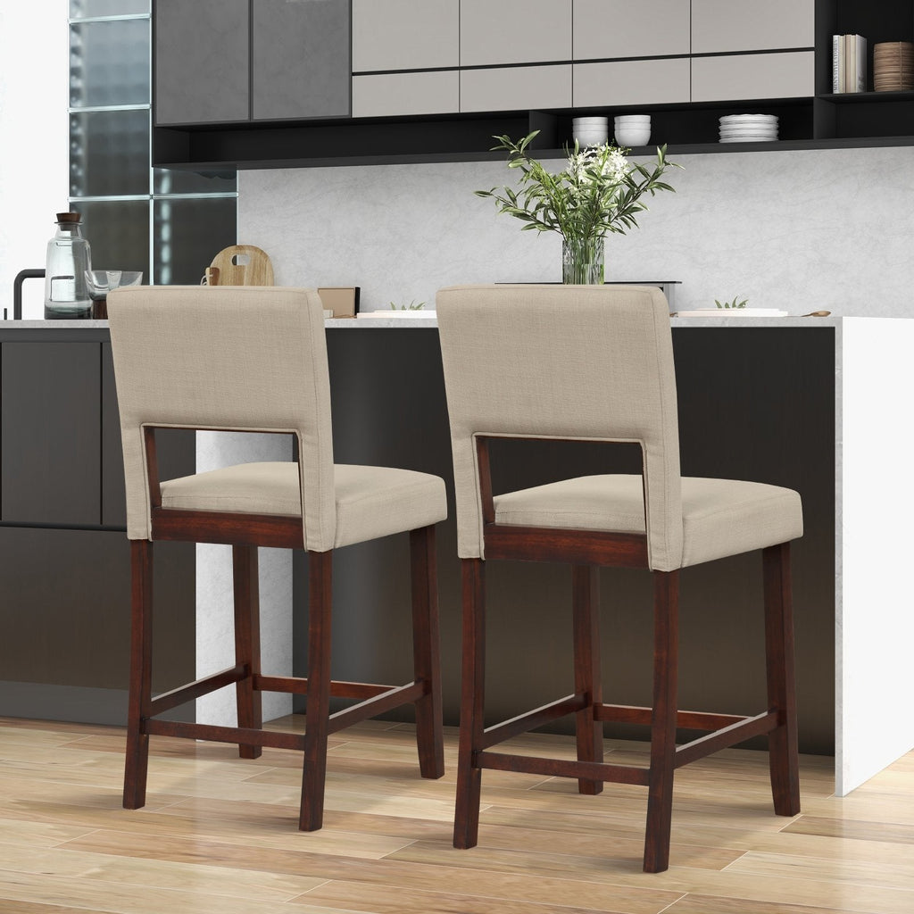 Lot de 2 tabourets de bar hauteur comptoir à dossier ajouré, tissu lin beige, hauteur d’assise de 24,5 pouces