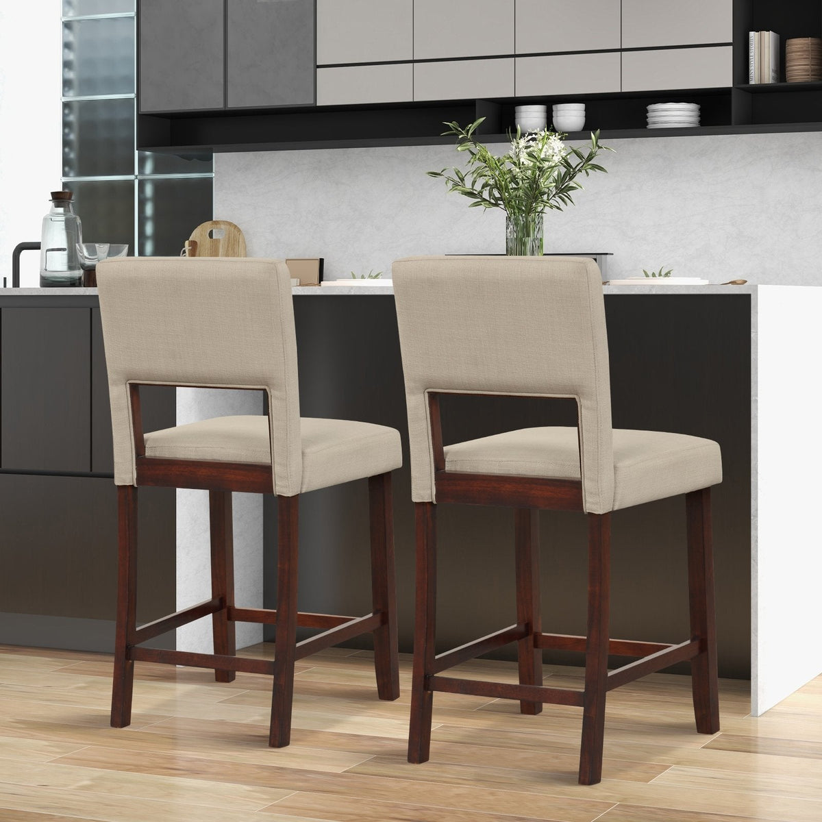 Lot de 2 tabourets de bar hauteur comptoir à dossier ajouré, tissu lin beige, hauteur d’assise de 24,5 pouces