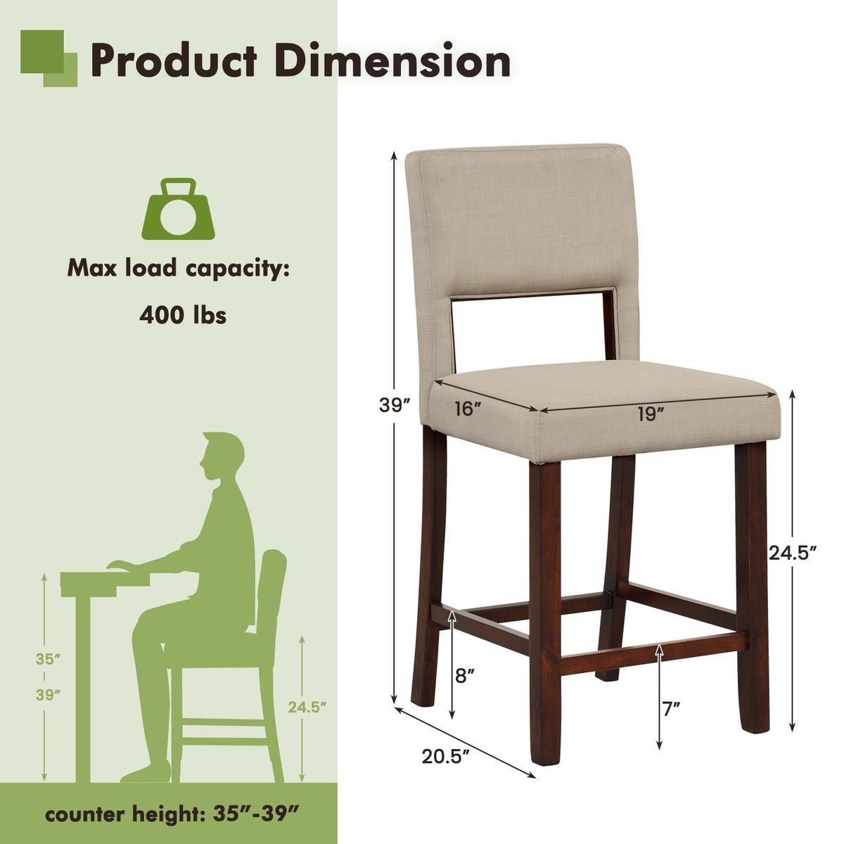 Lot de 2 tabourets de bar hauteur comptoir à dossier ajouré, tissu lin beige, hauteur d’assise de 24,5 pouces