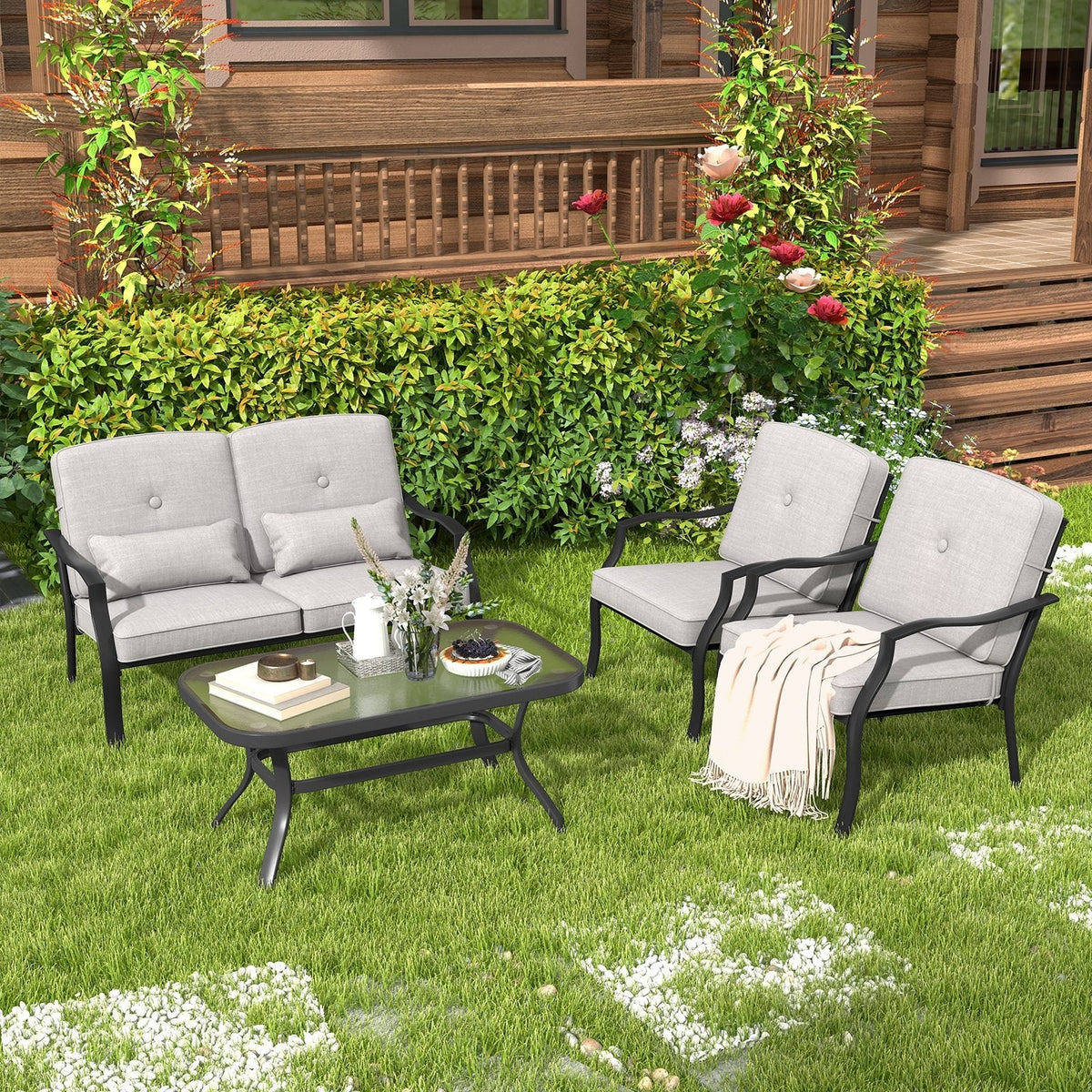 2-teiliges Metall-Gartenstuhl-Set mit Sitz- und Rückenpolstern