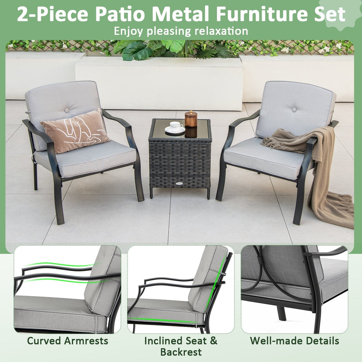 2-teiliges Metall-Gartenstuhl-Set mit Sitz- und Rückenpolstern