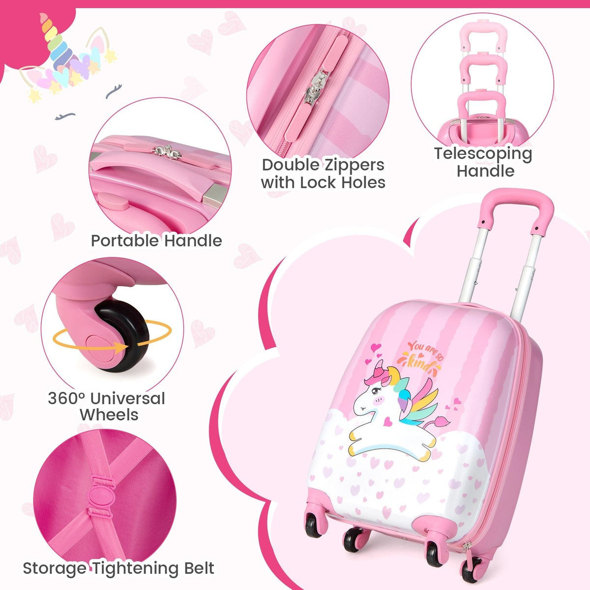 Juego de equipaje para niños de 2 piezas, 12 y 16 pulgadas, con mochila y maleta para viaje - Lindo unicornio