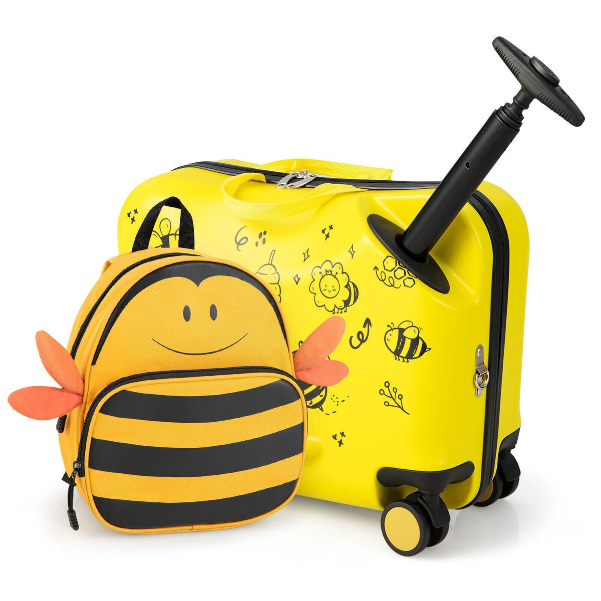 2-teiliges Kinderkofferset zum Draufsitzen, 18 Zoll, mit Spinner-Rollen und Bienenmuster – Gelb