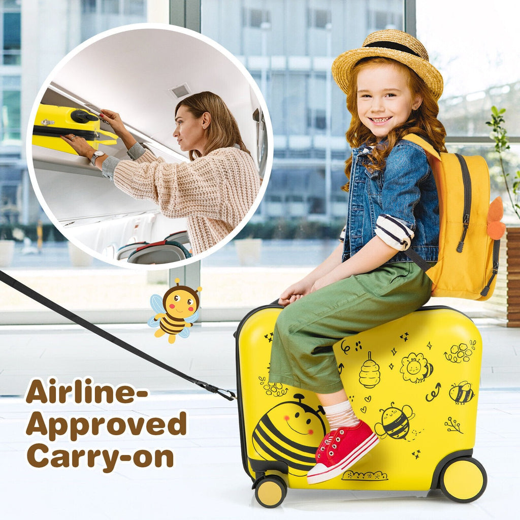 Juego de 2 maletas infantiles con ruedas giratorias para montar, de 18 pulgadas, con diseño de abeja, color amarillo